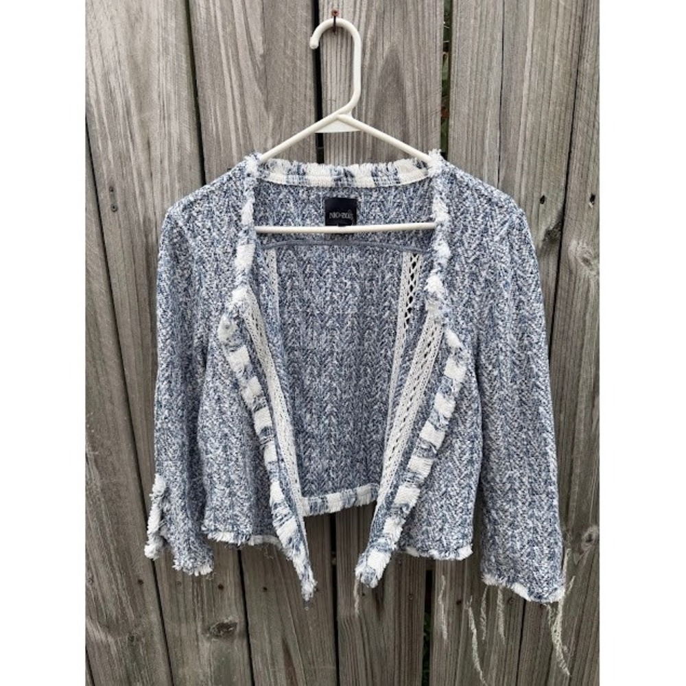 Coastal Preppy NIC+ZOE Fringed Knit Cardigan PM Blue White Open Front Tweed